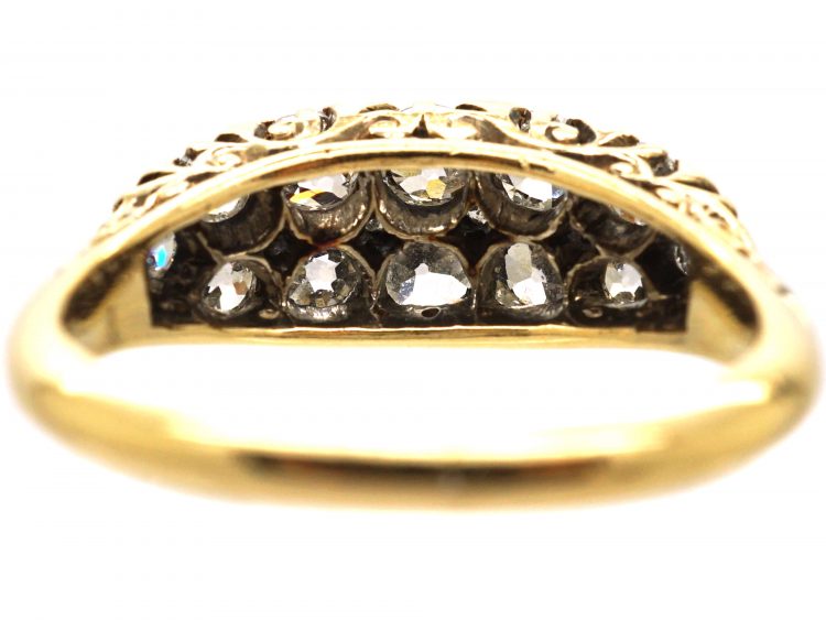 Victorian 18ct Gold Boat Shaped Carved Half Hoop Ring set with Two Rows of Diamonds
