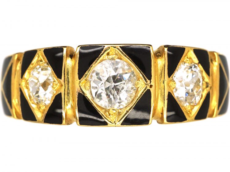 Victorian 18ct Gold, Black Enamel Three Stone Diamond Ring