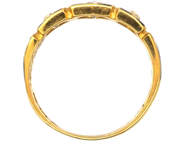 Victorian 18ct Gold, Black Enamel Three Stone Diamond Ring