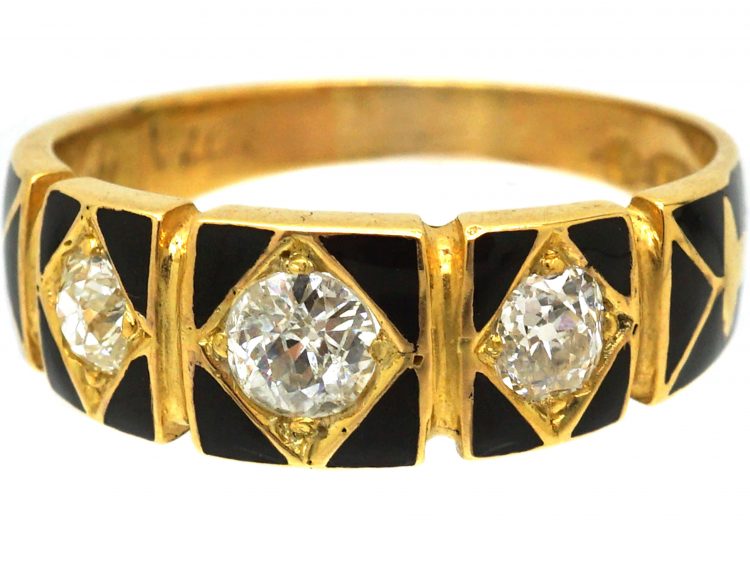 Victorian 18ct Gold, Black Enamel Three Stone Diamond Ring