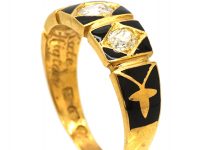 Victorian 18ct Gold, Black Enamel Three Stone Diamond Ring
