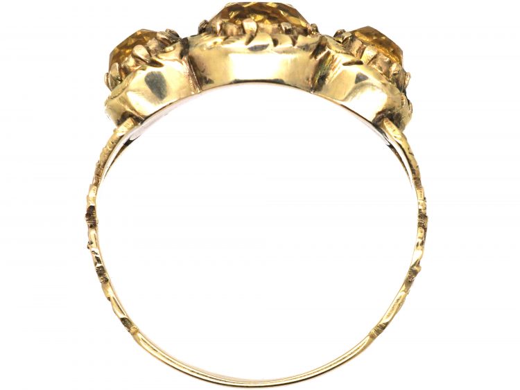 Georgian 15ct Gold Three Stone Citrine Ring with Repousse Motifs