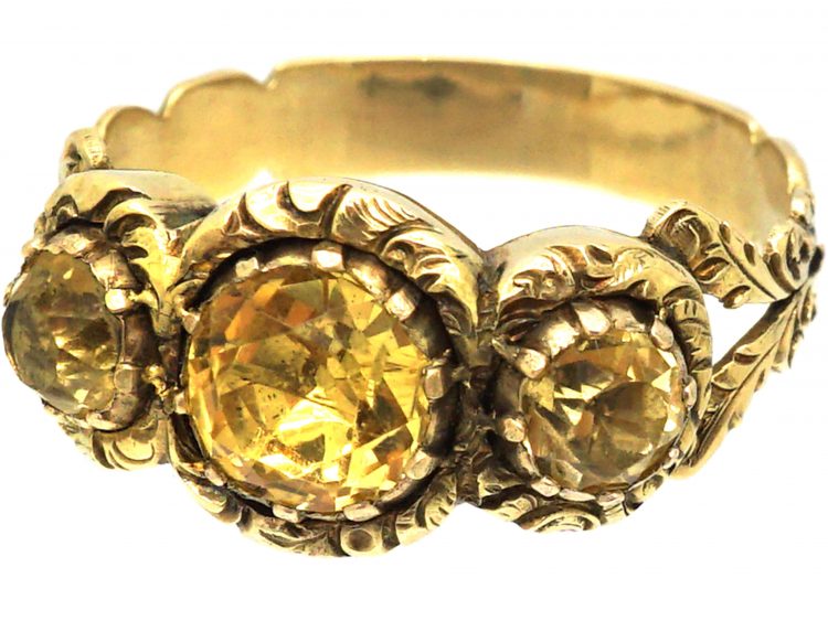 Georgian 15ct Gold Three Stone Citrine Ring with Repousse Motifs
