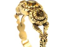 Georgian 15ct Gold Three Stone Citrine Ring with Repousse Motifs