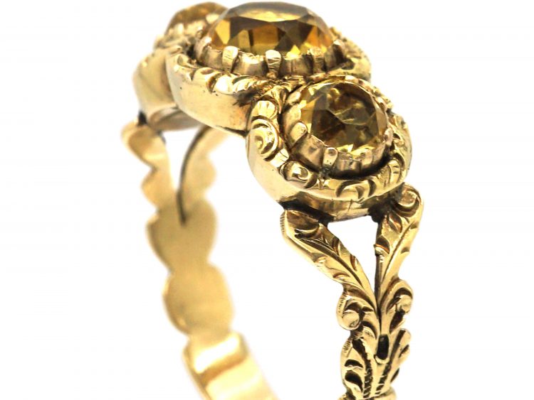 Georgian 15ct Gold Three Stone Citrine Ring with Repousse Motifs