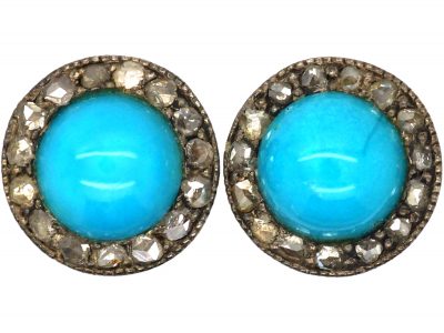 Edwardian 15ct Gold & Platinum, Turquoise & Rose Diamond Small Round Earrings
