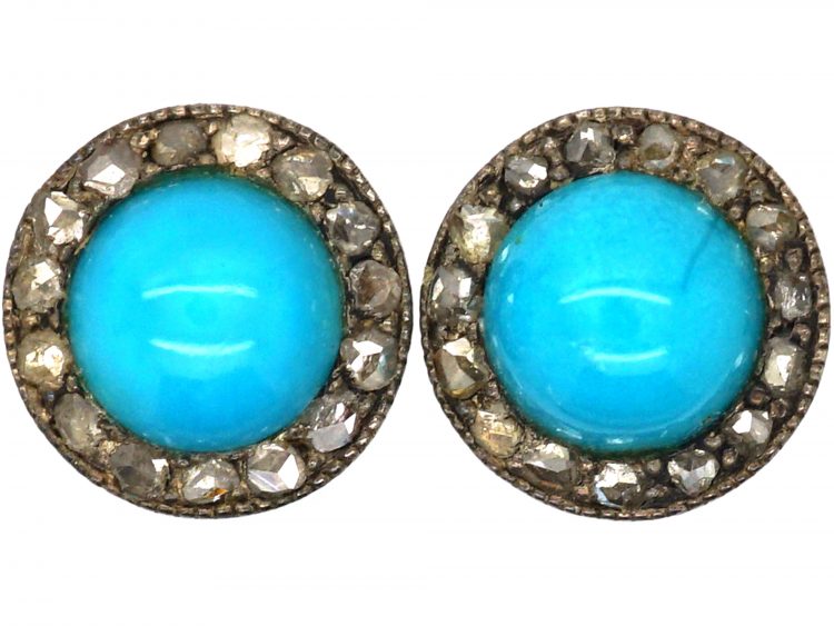Edwardian 15ct Gold & Platinum, Turquoise & Rose Diamond Small Round Earrings
