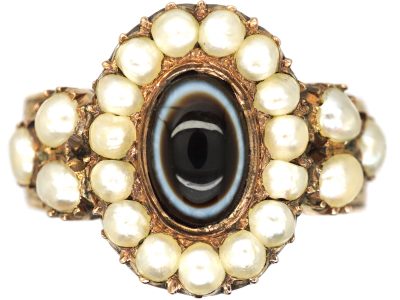 Victorian 9ct Gold Banded Onyx & Natural Split Pearl Ring