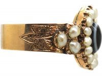 Victorian 9ct Gold Banded Onyx & Natural Split Pearl Ring