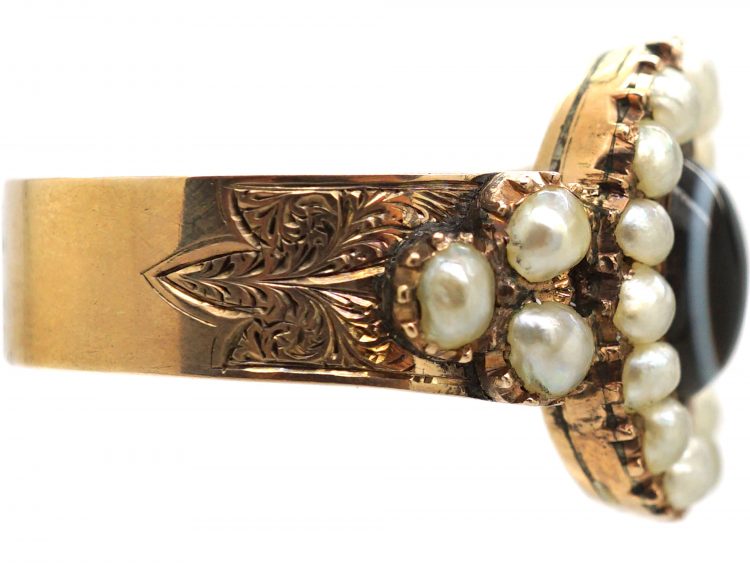 Victorian 9ct Gold Banded Onyx & Natural Split Pearl Ring