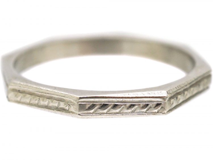 Art Deco Platinum Octagonal Ring with Raised Motifs