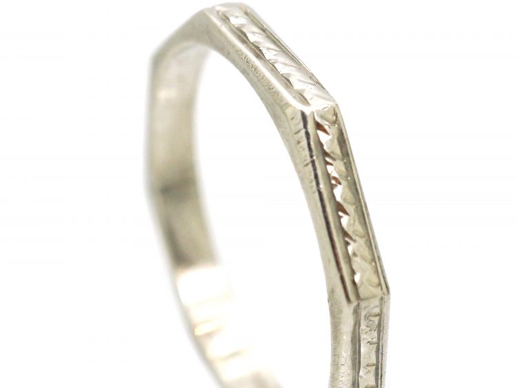 Art Deco Platinum Octagonal Ring with Raised Motifs