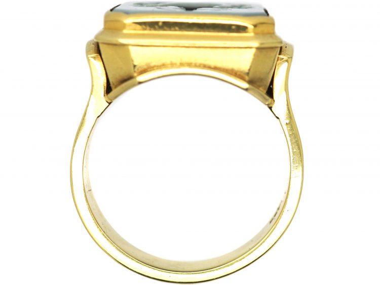 Art Deco Large 14ct Gold Signet Ring with Intaglio of a Warrior & Shield