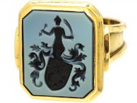 Art Deco Large 14ct Gold Signet Ring with Intaglio of a Warrior & Shield