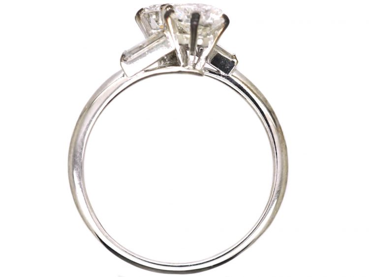 French Art Deco 18ct White Gold & Platinum, Two Stone Diamond Crossover Ring with Baguette Diamond Shoulders