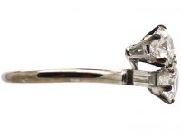 French Art Deco 18ct White Gold & Platinum, Two Stone Diamond Crossover Ring with Baguette Diamond Shoulders