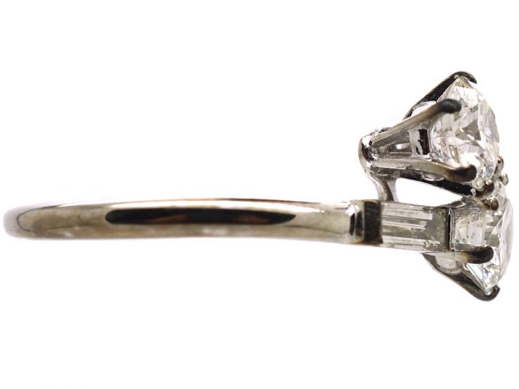 French Art Deco 18ct White Gold & Platinum, Two Stone Diamond Crossover Ring with Baguette Diamond Shoulders
