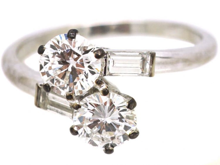 French Art Deco 18ct White Gold & Platinum, Two Stone Diamond Crossover Ring with Baguette Diamond Shoulders