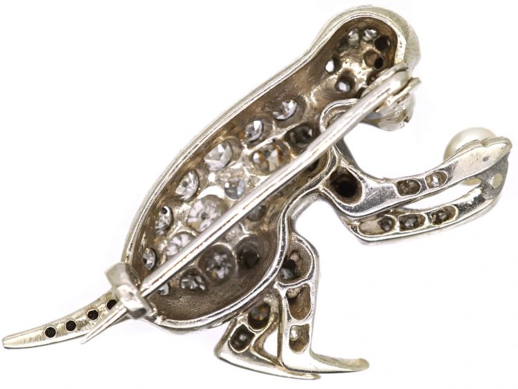Edwardian 18ct White Gold Brooch of a Monkey set with Diamonds Holding a Pearl