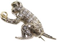 Edwardian 18ct White Gold Brooch of a Monkey set with Diamonds Holding a Pearl