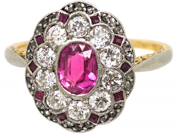 Early 20th Century 18ct Gold & Platinum, Ruby & Diamond Oval Cluster Ring