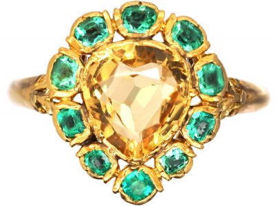 Georgian 15ct Gold Ring set with a Pear Shaped Topaz & Emeralds