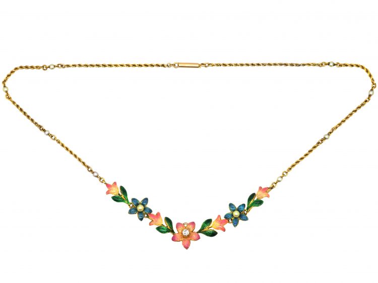 Victorian 15ct Gold Jubilee Enamel Floral Necklace set with a Diamond & Natural Pearls