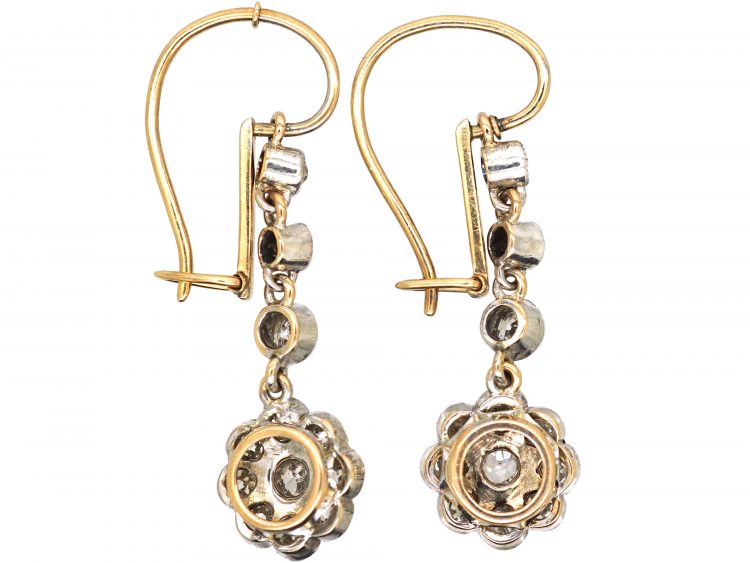 Edwardian 15ct Gold & Platinum Drop Daisy Cluster Earrings set with Diamonds