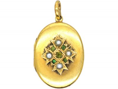 Victorian 15ct Gold Oval Locket set with Emeralds & Natural Split Pearls