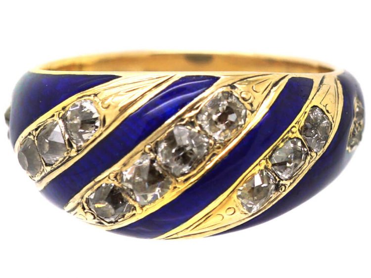 Victorian 18ct Gold, Royal Blue Enamel & Old Mine Cut Diamond Ring