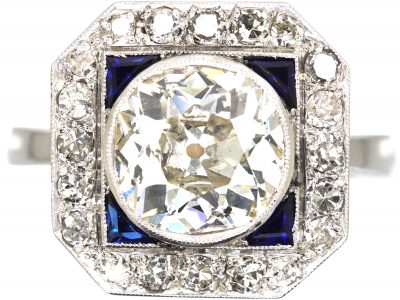 Mid 20th Century 18ct White Gold & Platinum, Octagonal Ring set with a Large Diamond Surrounded by Sapphires & Diamonds