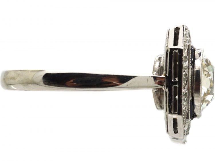 Mid 20th Century 18ct White Gold & Platinum, Octagonal Ring set with a Large Diamond Surrounded by Sapphires & Diamonds