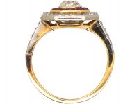 Art Deco French Import 18ct Gold & Platinum Octagonal Ring set with Rubies & Diamonds