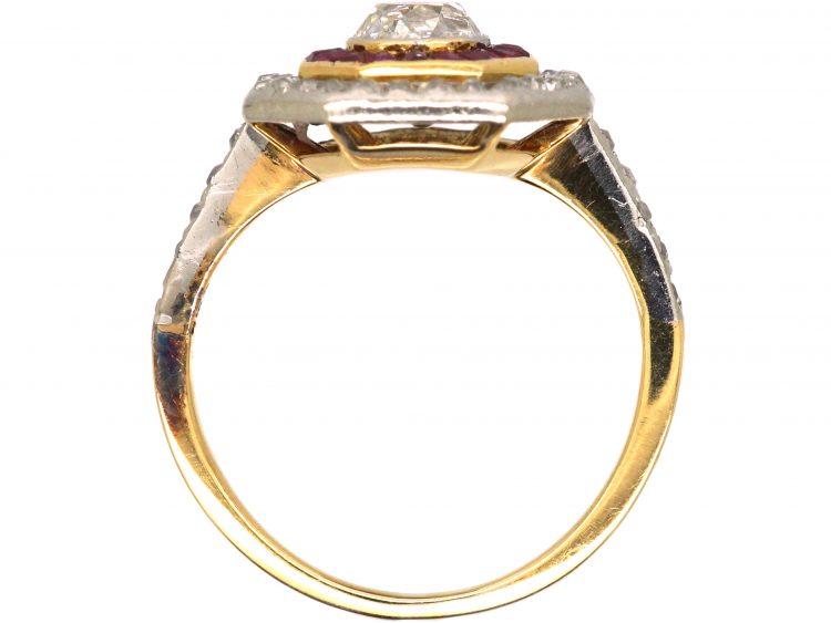Art Deco French Import 18ct Gold & Platinum Octagonal Ring set with Rubies & Diamonds