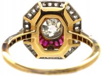 Art Deco French Import 18ct Gold & Platinum Octagonal Ring set with Rubies & Diamonds