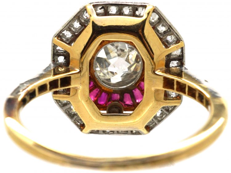 Art Deco French Import 18ct Gold & Platinum Octagonal Ring set with Rubies & Diamonds