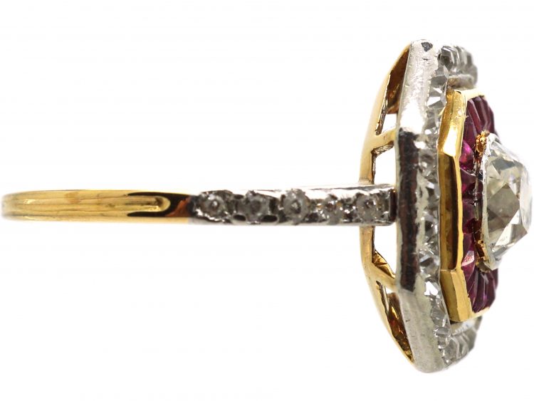 Art Deco French Import 18ct Gold & Platinum Octagonal Ring set with Rubies & Diamonds