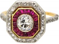 Art Deco French Import 18ct Gold & Platinum Octagonal Ring set with Rubies & Diamonds