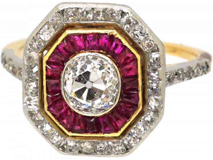 Art Deco French Import 18ct Gold & Platinum Octagonal Ring set with Rubies & Diamonds