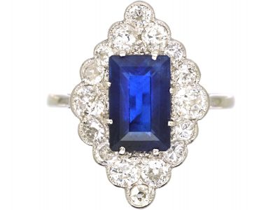 Art Deco Platinum Rectangular Cut Sapphire & Diamond, Diamond Shaped Ring