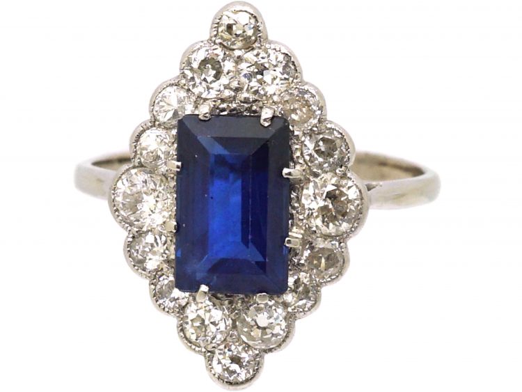 Art Deco Platinum Rectangular Cut Sapphire & Diamond, Diamond Shaped Ring