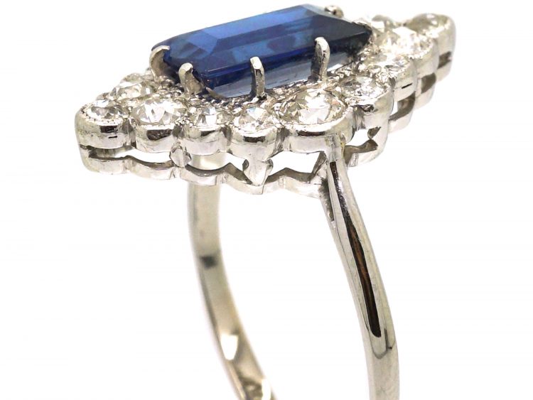 Art Deco Platinum Rectangular Cut Sapphire & Diamond, Diamond Shaped Ring