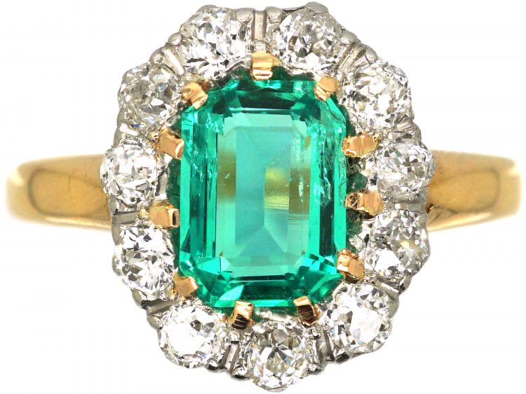 Edwardian 18ct Gold & Platinum, Emerald & Diamond Oval Cluster Ring