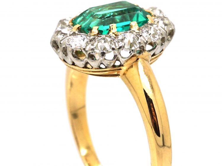 Edwardian 18ct Gold & Platinum, Emerald & Diamond Oval Cluster Ring
