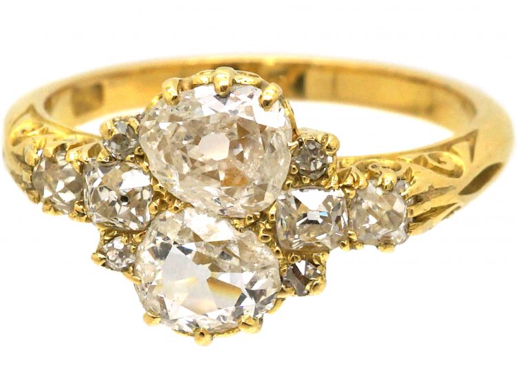 Victorian 18ct Gold Ring set with Two Pear Shaped Old Mine Cut Diamonds