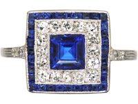 Art Deco 18ct White Gold, Sapphire & Diamond Square Ring