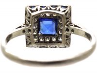 Art Deco 18ct White Gold, Sapphire & Diamond Square Ring