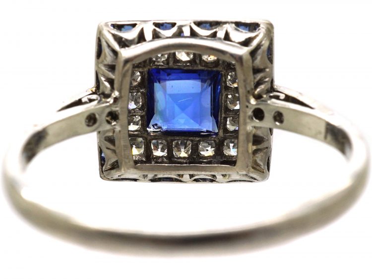 Art Deco 18ct White Gold, Sapphire & Diamond Square Ring