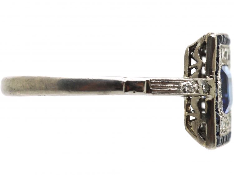 Art Deco 18ct White Gold, Sapphire & Diamond Square Ring