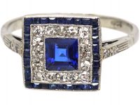 Art Deco 18ct White Gold, Sapphire & Diamond Square Ring